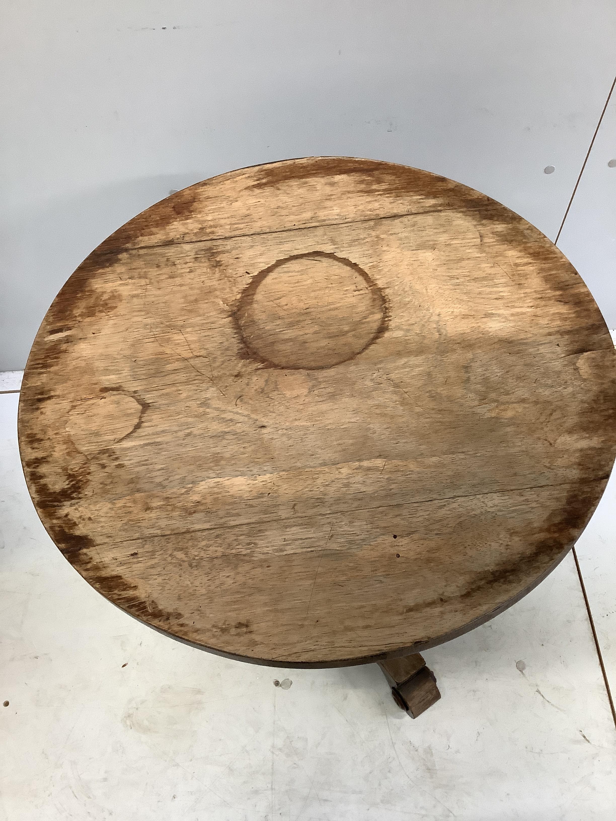 An early Victorian rosewood teapoy, width 47cm, depth 36cm, height 77cm, together with a Victorian circular topped occasional table